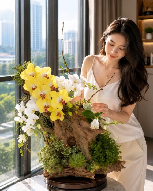 Chậu lan hồ điệp 4 cành vàng trắng – Gửi Nhớ