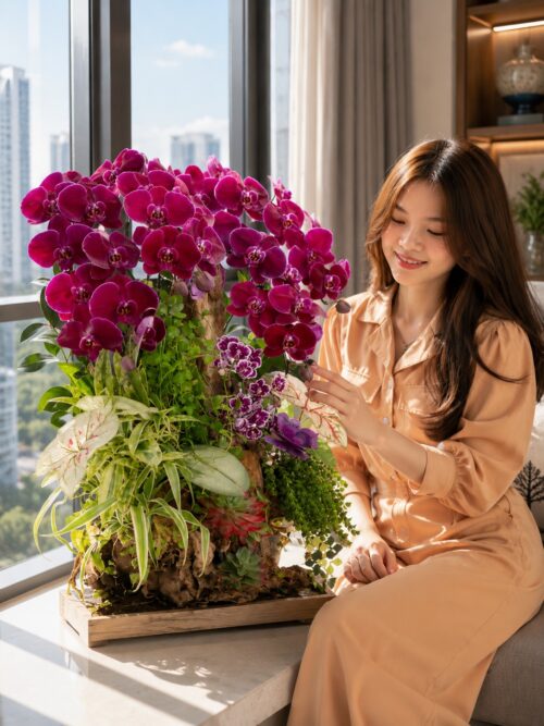 Chậu lan hồ điệp đỏ cherry 12 cành – Uyển Nhi