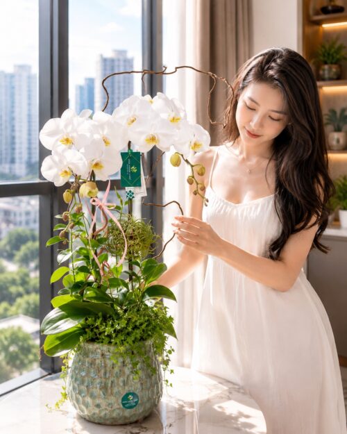 Chậu lan hồ điệp trắng 2 cành – Bạch Ngọc