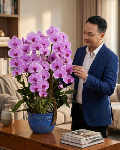 Chậu Ghép Máng Lũa Lan Hồ Điệp Hồng 5 Cành – Hồng Gỗ Lũa
