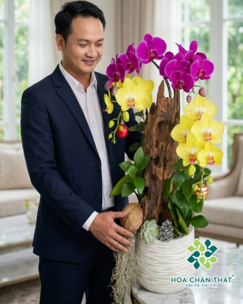 Lan Hồ Điệp 4 Cành Tím Hồng Ghép Lũa