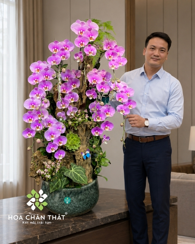 Chậu lan hồ điệp 10 cành hồng ghép lũa – Vạn Sự Hanh Thông Chậu lan hồ điệp 10 cành hồng ghép lũa – Vạn Sự Hanh Thông