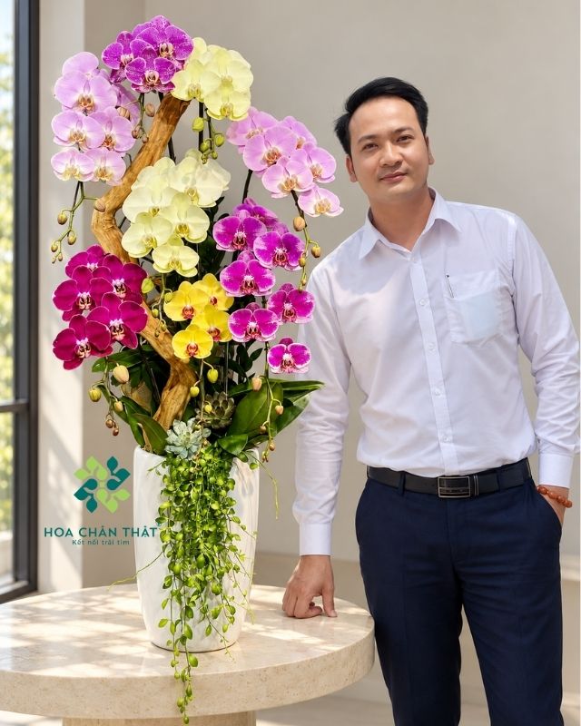 Chậu lan hồ điệp 8 cành phối màu ghép lũa Chậu lan hồ điệp 8 cành phối màu ghép lũa